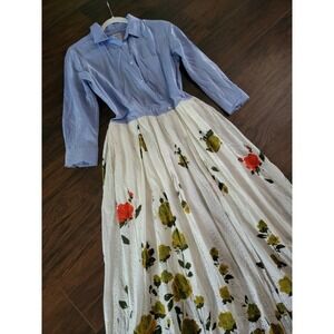 Sara Roka Blue 100% Cotton Eyelet Floral Maxi Shirt Dress Voluminous A-Line 10